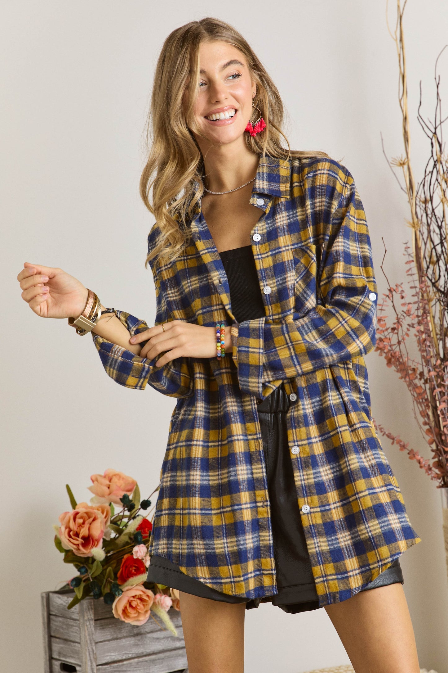 Blue & Mustard Lightweight Plaid Shacket